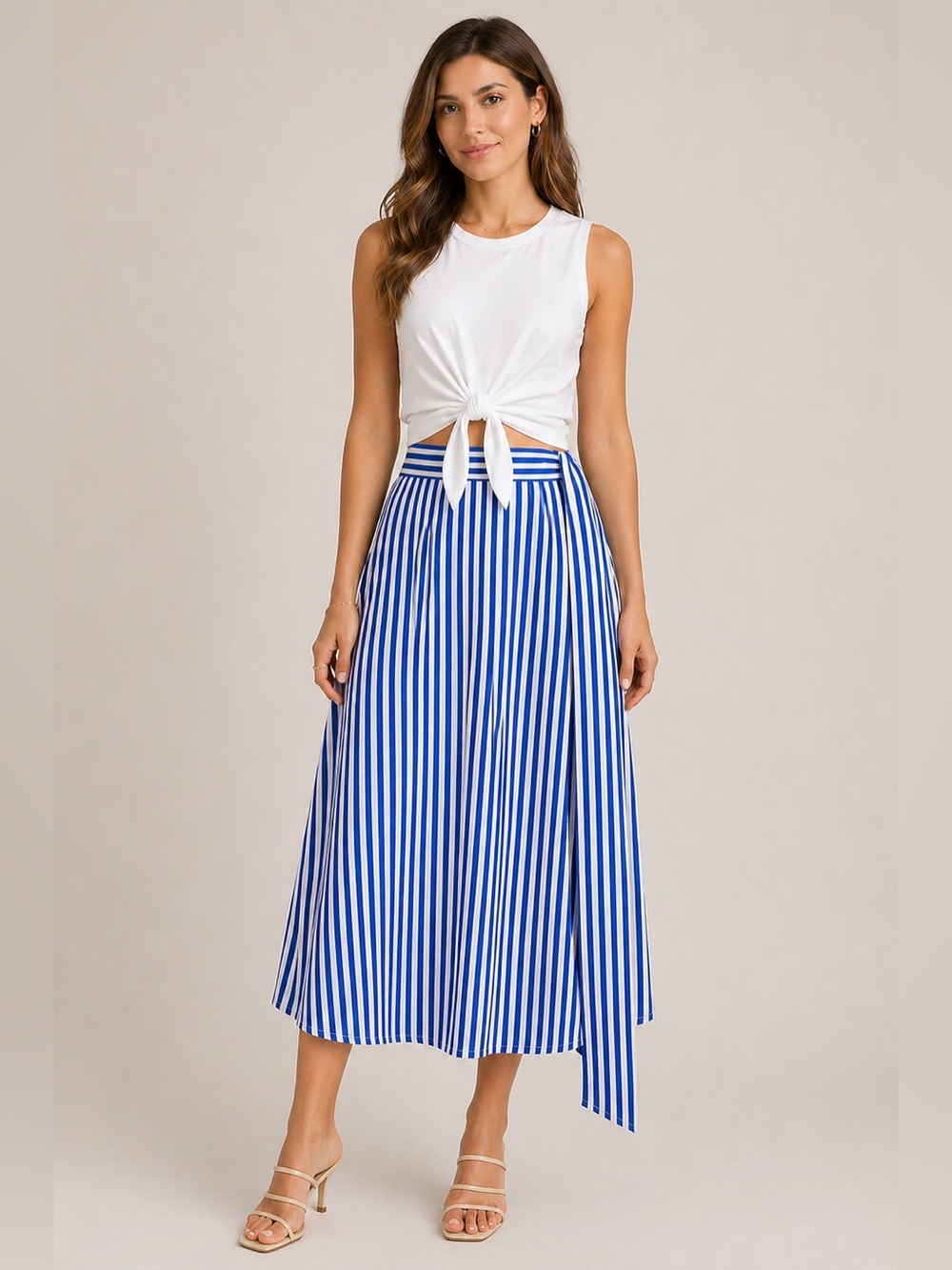 Commense NWT Cotton 2PC Set Blue Stripe Skirt Side Sash/Tie + White Tie Tee S